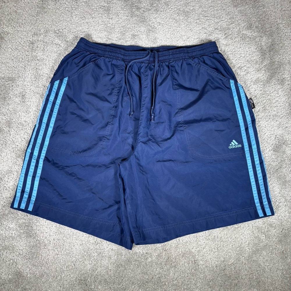 Vintage Adidas Shorts Mens XL Blue Striped Windbreaker Unlined Lightweight 2002